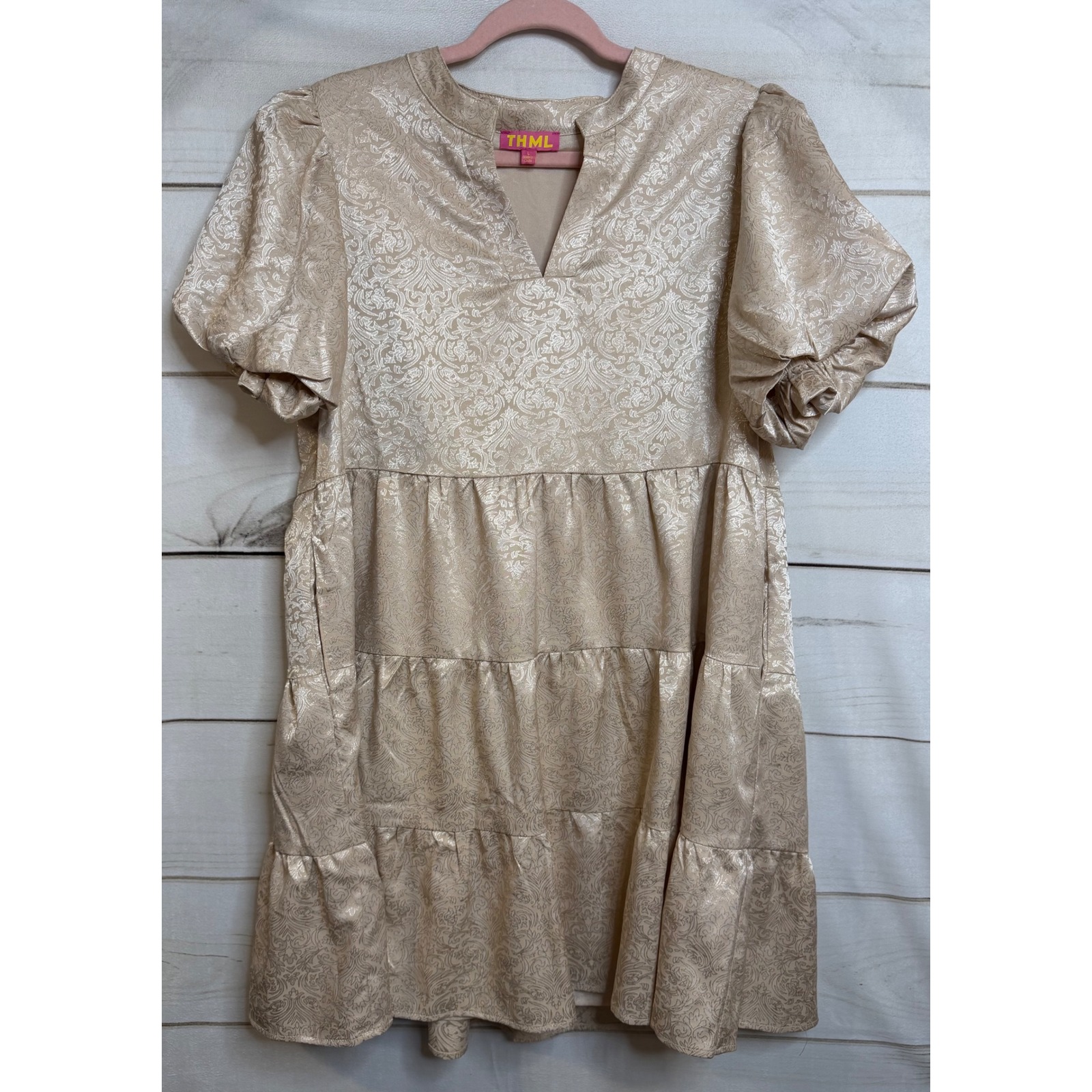 Thml Champagne Gold Damask Jacquard Puff Sleeve Tiered Babydoll Dress Party